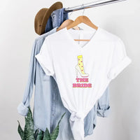 May include Team Bride & The Bride matching V-Neck T-Shirts for bachelorette party, with designs for bride and bridesmaids.