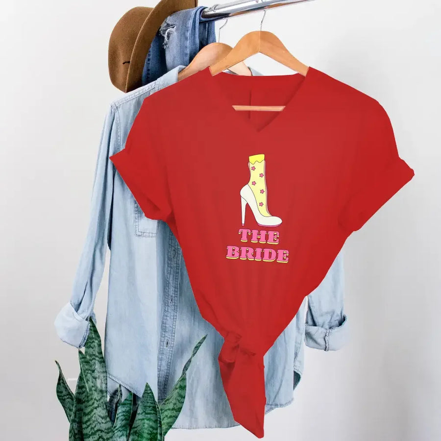 May include Team Bride & The Bride matching V-Neck T-Shirts for bachelorette party, with designs for bride and bridesmaids.