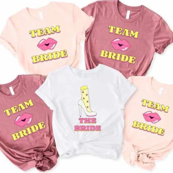 May include Team Bride & The Bride Bachelorette Party Matching T-Shirts, featuring "Team Bride" and "The Bride" designs in soft cotton fabric, perfect for pre-wedding celebrations and group photos.