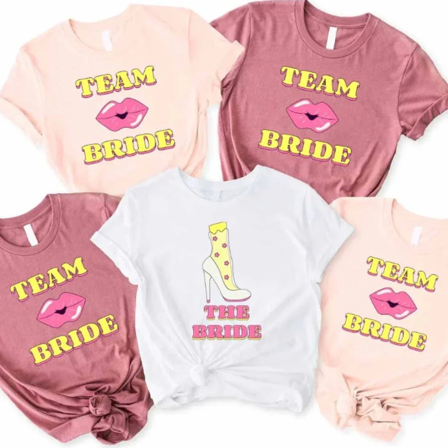 May include Team Bride & The Bride Bachelorette Party Matching T-Shirts, featuring "Team Bride" and "The Bride" designs in soft cotton fabric, perfect for pre-wedding celebrations and group photos.