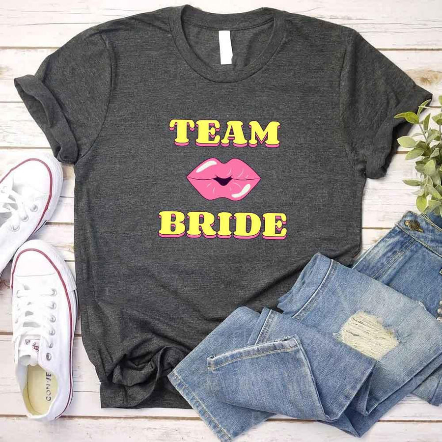 May include Dark heather Team Bride & The Bride Bachelorette Party Matching T-Shirts, featuring "Team Bride" and "The Bride" designs in soft cotton fabric, perfect for pre-wedding celebrations and group photos.