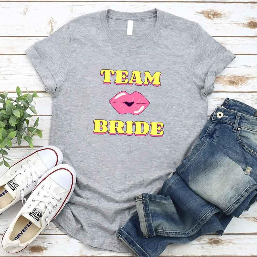 May include Grey Team Bride & The Bride Bachelorette Party Matching T-Shirts, featuring "Team Bride" and "The Bride" designs in soft cotton fabric, perfect for pre-wedding celebrations and group photos.