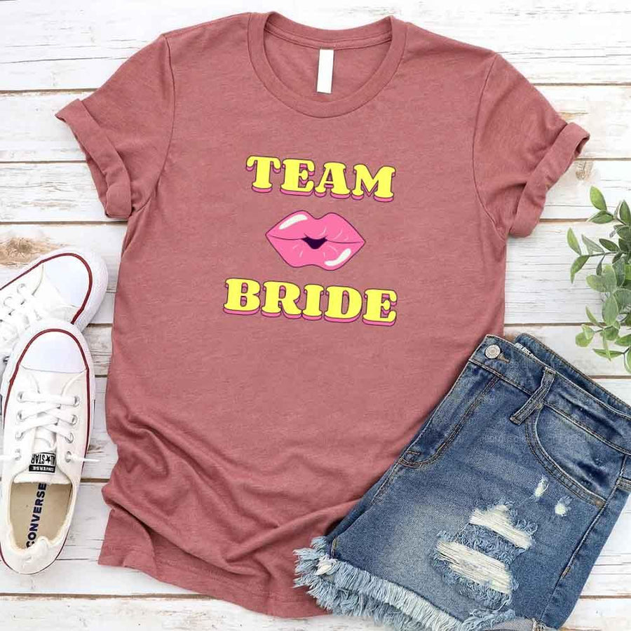 May include Mauve Team Bride & The Bride Bachelorette Party Matching T-Shirts, featuring "Team Bride" and "The Bride" designs in soft cotton fabric, perfect for pre-wedding celebrations and group photos.
