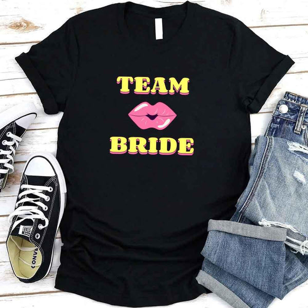 May include Black Team Bride & The Bride Bachelorette Party Matching T-Shirts, featuring "Team Bride" and "The Bride" designs in soft cotton fabric, perfect for pre-wedding celebrations and group photos.