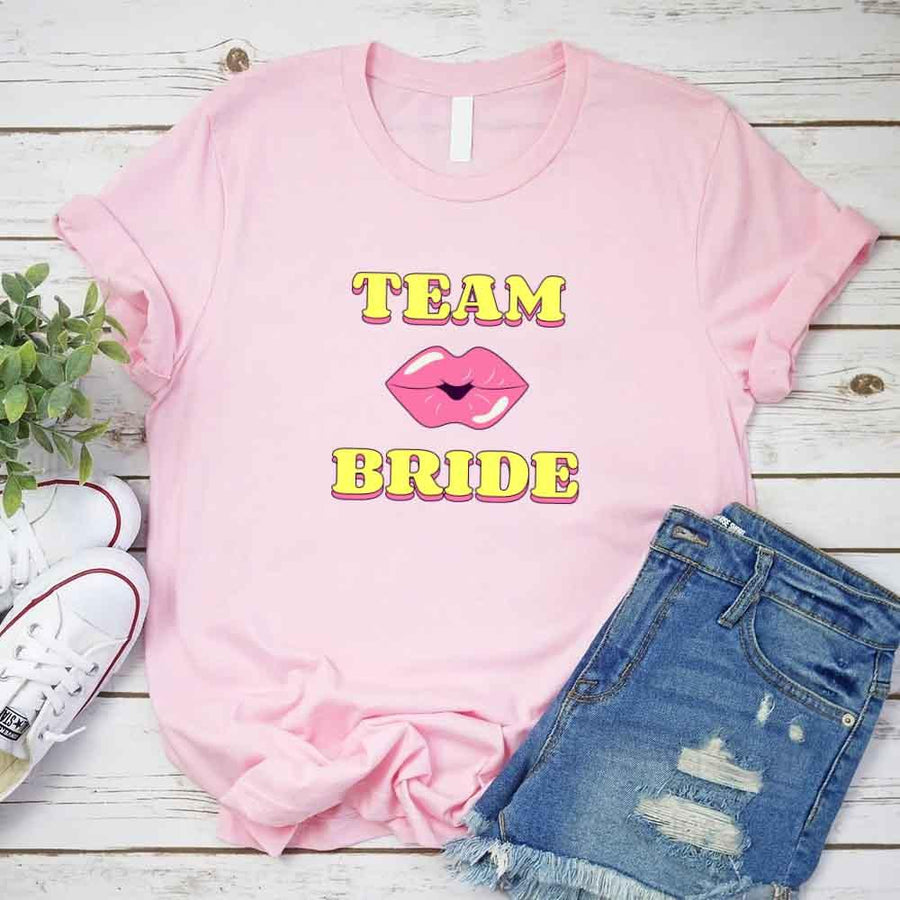 May include Pink Team Bride & The Bride Bachelorette Party Matching T-Shirts, featuring "Team Bride" and "The Bride" designs in soft cotton fabric, perfect for pre-wedding celebrations and group photos.