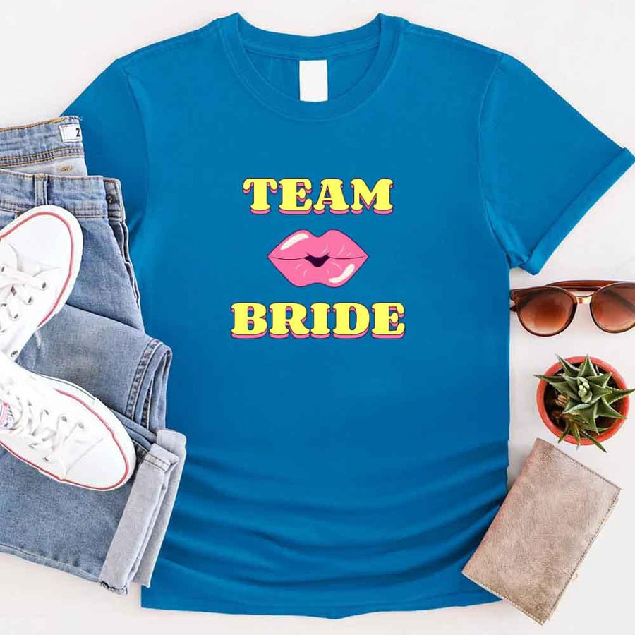 May include Sapphire Team Bride & The Bride Bachelorette Party Matching T-Shirts, featuring "Team Bride" and "The Bride" designs in soft cotton fabric, perfect for pre-wedding celebrations and group photos.