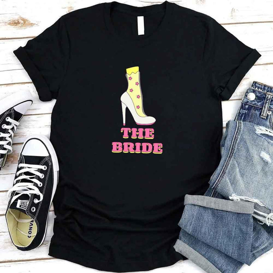 May include Team Black Bride & The Bride Bachelorette Party Matching T-Shirts, featuring "Team Bride" and "The Bride" designs in soft cotton fabric, perfect for pre-wedding celebrations and group photos.