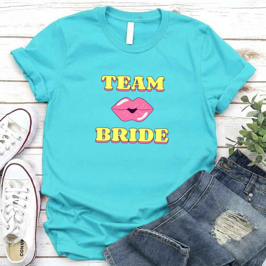May include Turquoise Team Bride & The Bride Bachelorette Party Matching T-Shirts, featuring "Team Bride" and "The Bride" designs in soft cotton fabric, perfect for pre-wedding celebrations and group photos.