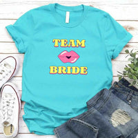 May include Turquoise Team Bride & The Bride Bachelorette Party Matching T-Shirts, featuring "Team Bride" and "The Bride" designs in soft cotton fabric, perfect for pre-wedding celebrations and group photos.