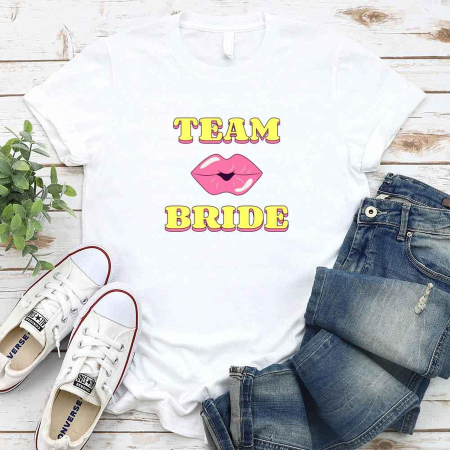 May include White Team Bride & The Bride Bachelorette Party Matching T-Shirts, featuring "Team Bride" and "The Bride" designs in soft cotton fabric, perfect for pre-wedding celebrations and group photos.
