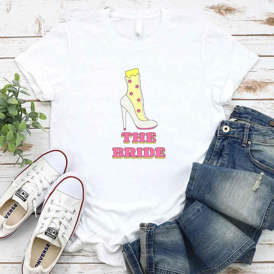 May include White Team Bride & The Bride Bachelorette Party Matching T-Shirts, featuring "Team Bride" and "The Bride" designs in soft cotton fabric, perfect for pre-wedding celebrations and group photos.