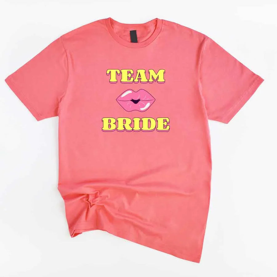 May include Coral Silk Team Bride & The Bride Bachelorette Party Matching T-Shirts, featuring "Team Bride" and "The Bride" designs in soft cotton fabric, perfect for pre-wedding celebrations and group photos.