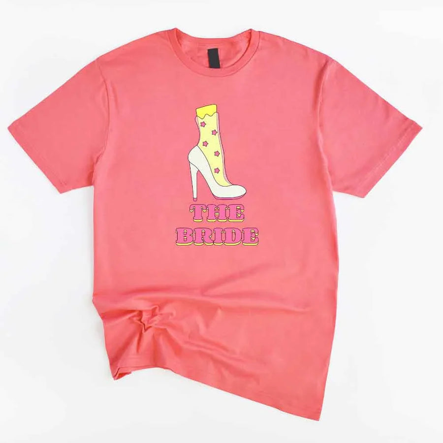 May include Team Coral Silk Bride & The Bride Bachelorette Party Matching T-Shirts, featuring "Team Bride" and "The Bride" designs in soft cotton fabric, perfect for pre-wedding celebrations and group photos.
