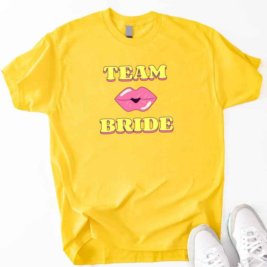 May include Daisy Team Bride & The Bride Bachelorette Party Matching T-Shirts, featuring "Team Bride" and "The Bride" designs in soft cotton fabric, perfect for pre-wedding celebrations and group photos.
