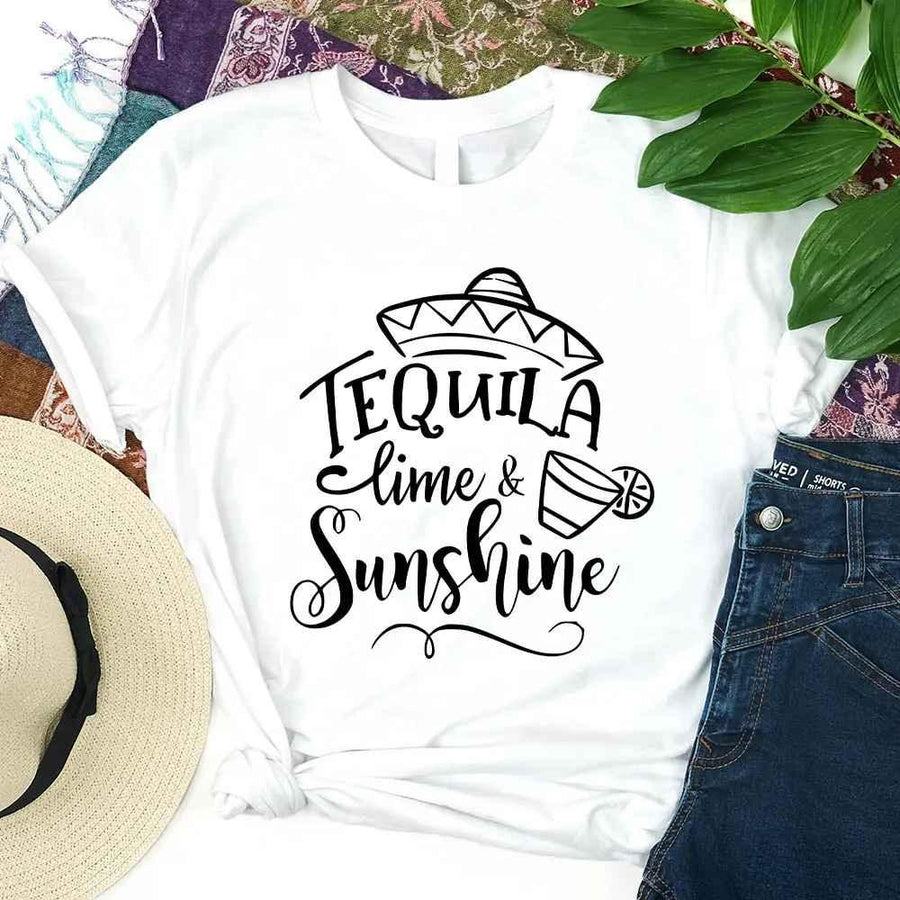 May include two people wearing matching best friend graphic t-shirts with “Tequila, Lime & Sunshine” text.