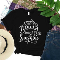 May include two people wearing matching best friend graphic t-shirts with “Tequila, Lime & Sunshine” text.