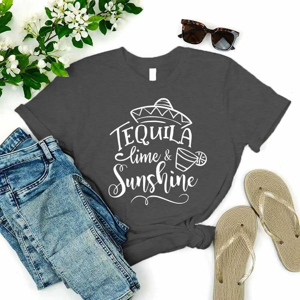 May include two people wearing matching best friend graphic t-shirts with “Tequila, Lime & Sunshine” text.