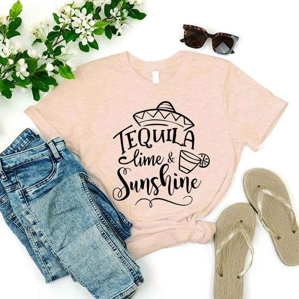 May include two people wearing matching best friend graphic t-shirts with “Tequila, Lime & Sunshine” text.