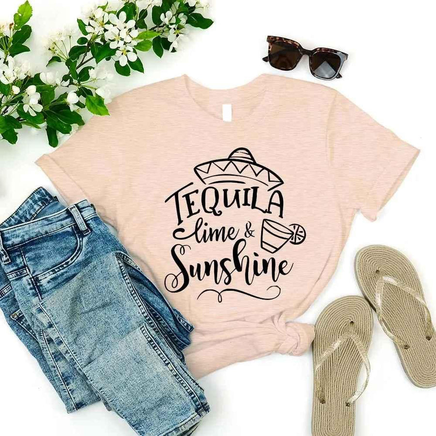 May include two people wearing matching best friend graphic t-shirts with “Tequila, Lime & Sunshine” text.