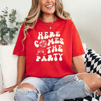 May include Red bachelorette-themed T-shirt reading “Vino Before Vows,” featuring playful typography and celebratory bridal party design elements!