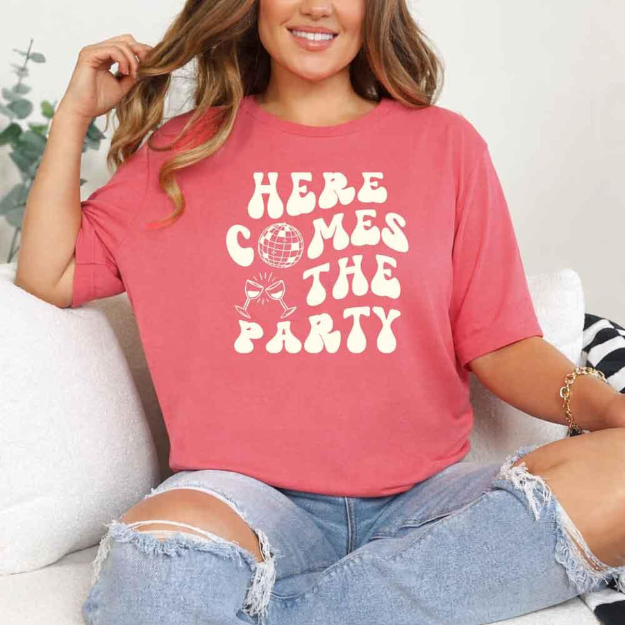 May include Coral Silk bachelorette-themed T-shirt reading “Vino Before Vows,” featuring playful typography and celebratory bridal party design elements!