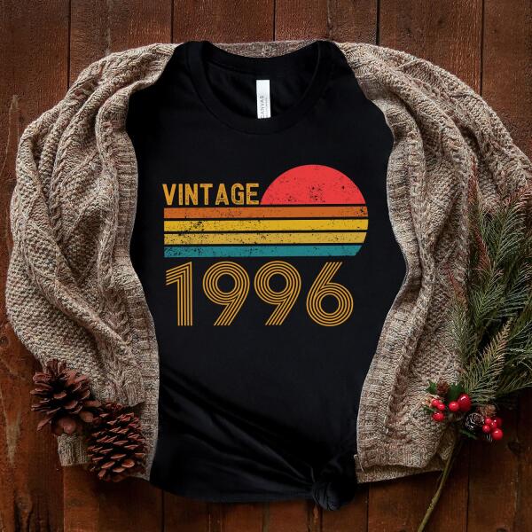 May include a personalized vintage-style t-shirt with a retro sun graphic and customizable year text printed on the front.