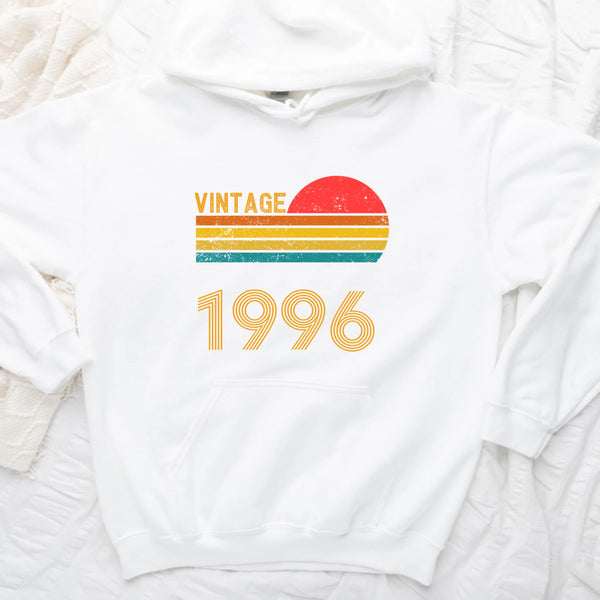 May include a personalized vintage-style hoodie with a retro sun graphic and customizable year text printed on the front.