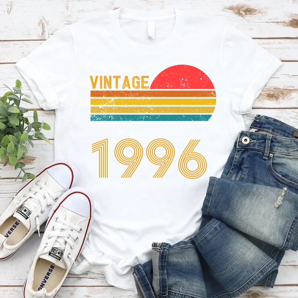 May include a personalized vintage-style t-shirt with a retro sun graphic and customizable year text printed on the front.