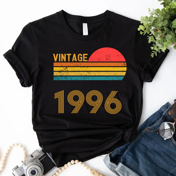 May include a personalized vintage-style t-shirt with a retro sun graphic and customizable year text printed on the front.