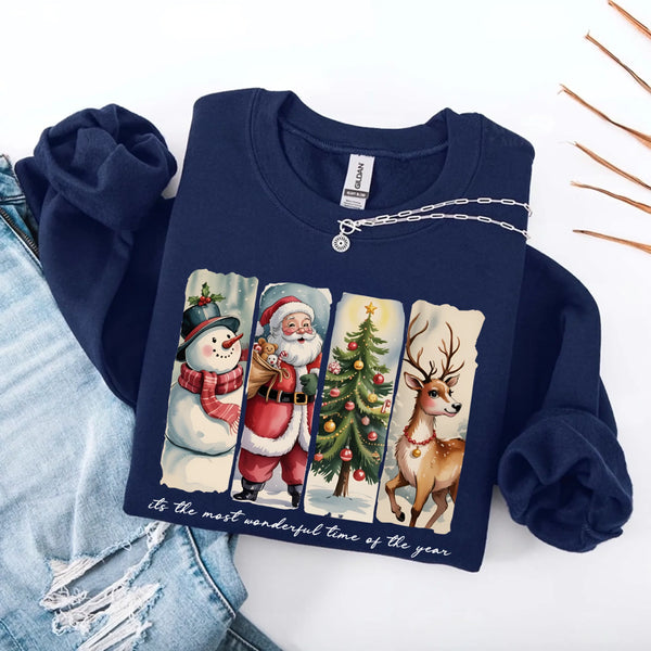 May include a cozy Christmas crewneck sweatshirt featuring a vintage-style Santa Claus graphic with festive details and classic lettering such as “It’s the Most Wonderful Time.” The design has a nostalgic holiday charm, ideal for celebrating the Christmas season in comfort and style.