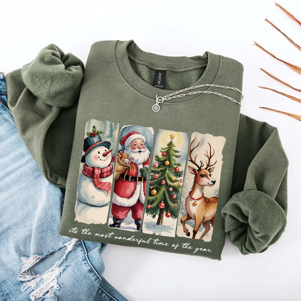 May include a cozy Christmas crewneck sweatshirt featuring a vintage-style Santa Claus graphic with festive details and classic lettering such as “It’s the Most Wonderful Time.” The design has a nostalgic holiday charm, ideal for celebrating the Christmas season in comfort and style.