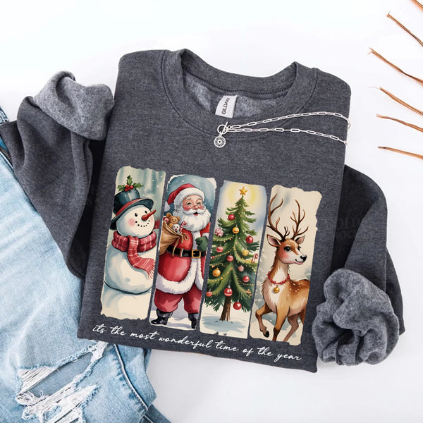 May include a cozy Christmas crewneck sweatshirt featuring a vintage-style Santa Claus graphic with festive details and classic lettering such as “It’s the Most Wonderful Time.” The design has a nostalgic holiday charm, ideal for celebrating the Christmas season in comfort and style.