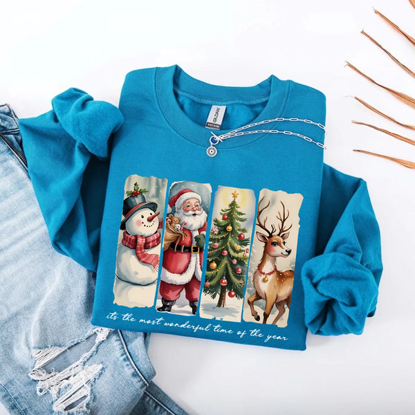 May include a cozy Christmas crewneck sweatshirt featuring a vintage-style Santa Claus graphic with festive details and classic lettering such as “It’s the Most Wonderful Time.” The design has a nostalgic holiday charm, ideal for celebrating the Christmas season in comfort and style.