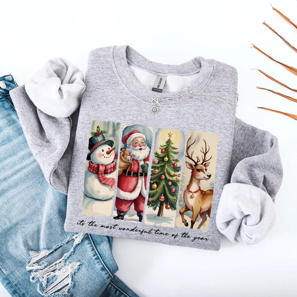 May include a cozy Christmas crewneck sweatshirt featuring a vintage-style Santa Claus graphic with festive details and classic lettering such as “It’s the Most Wonderful Time.” The design has a nostalgic holiday charm, ideal for celebrating the Christmas season in comfort and style.