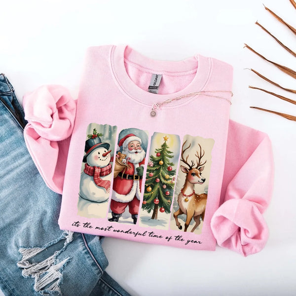 May include a cozy Christmas crewneck sweatshirt featuring a vintage-style Santa Claus graphic with festive details and classic lettering such as “It’s the Most Wonderful Time.” The design has a nostalgic holiday charm, ideal for celebrating the Christmas season in comfort and style.