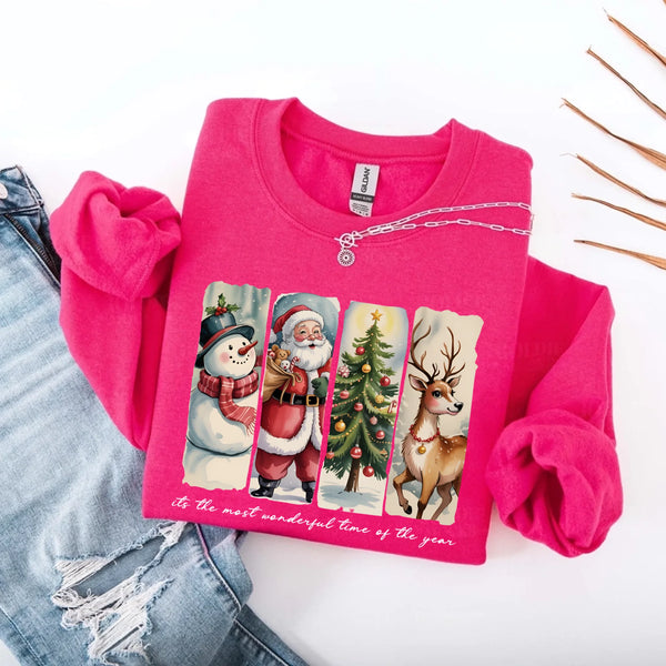 May include a cozy Christmas crewneck sweatshirt featuring a vintage-style Santa Claus graphic with festive details and classic lettering such as “It’s the Most Wonderful Time.” The design has a nostalgic holiday charm, ideal for celebrating the Christmas season in comfort and style.