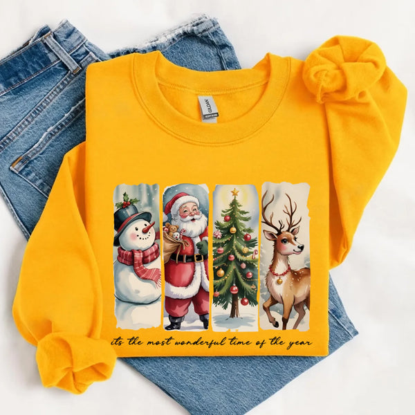 May include a cozy Christmas crewneck sweatshirt featuring a vintage-style Santa Claus graphic with festive details and classic lettering such as “It’s the Most Wonderful Time.” The design has a nostalgic holiday charm, ideal for celebrating the Christmas season in comfort and style.