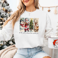 May include a cozy Christmas crewneck sweatshirt featuring a vintage-style Santa Claus graphic with festive details and classic lettering such as “It’s the Most Wonderful Time.” The design has a nostalgic holiday charm, ideal for celebrating the Christmas season in comfort and style.