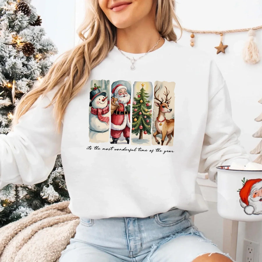 May include a cozy Christmas crewneck sweatshirt featuring a vintage-style Santa Claus graphic with festive details and classic lettering such as “It’s the Most Wonderful Time.” The design has a nostalgic holiday charm, ideal for celebrating the Christmas season in comfort and style.