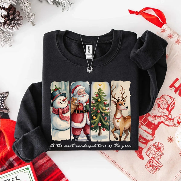 May include a cozy Christmas crewneck sweatshirt featuring a vintage-style Santa Claus graphic with festive details and classic lettering such as “It’s the Most Wonderful Time.” The design has a nostalgic holiday charm, ideal for celebrating the Christmas season in comfort and style.