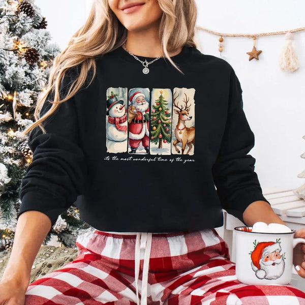 May include a cozy Christmas crewneck sweatshirt featuring a vintage-style Santa Claus graphic with festive details and classic lettering such as “It’s the Most Wonderful Time.” The design has a nostalgic holiday charm, ideal for celebrating the Christmas season in comfort and style.