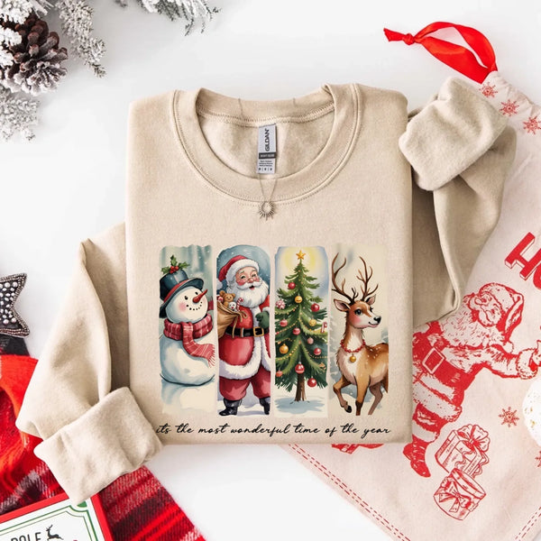 May include a cozy Christmas crewneck sweatshirt featuring a vintage-style Santa Claus graphic with festive details and classic lettering such as “It’s the Most Wonderful Time.” The design has a nostalgic holiday charm, ideal for celebrating the Christmas season in comfort and style.