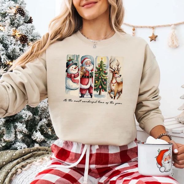 May include a cozy Christmas crewneck sweatshirt featuring a vintage-style Santa Claus graphic with festive details and classic lettering such as “It’s the Most Wonderful Time.” The design has a nostalgic holiday charm, ideal for celebrating the Christmas season in comfort and style.