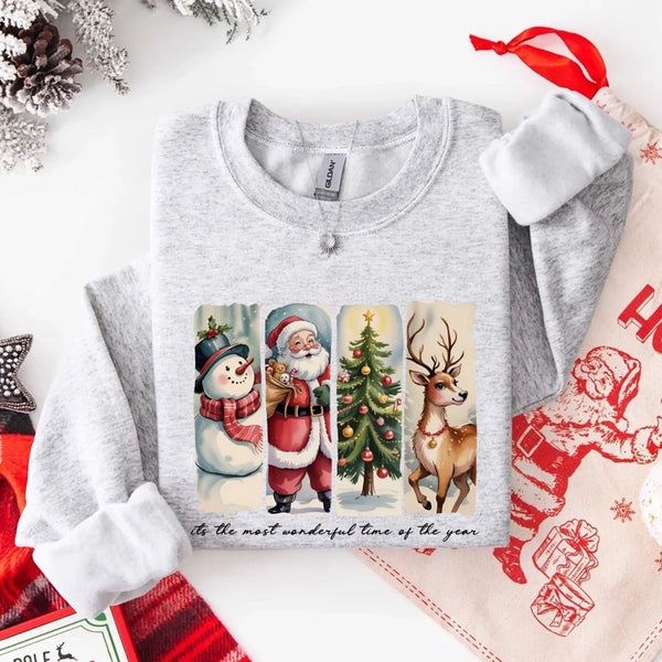 May include a cozy Christmas crewneck sweatshirt featuring a vintage-style Santa Claus graphic with festive details and classic lettering such as “It’s the Most Wonderful Time.” The design has a nostalgic holiday charm, ideal for celebrating the Christmas season in comfort and style.