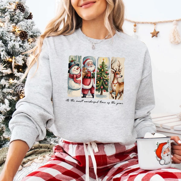 May include a cozy Christmas crewneck sweatshirt featuring a vintage-style Santa Claus graphic with festive details and classic lettering such as “It’s the Most Wonderful Time.” The design has a nostalgic holiday charm, ideal for celebrating the Christmas season in comfort and style.