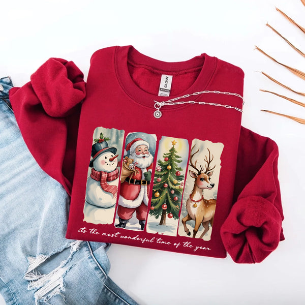 May include a cozy Christmas crewneck sweatshirt featuring a vintage-style Santa Claus graphic with festive details and classic lettering such as “It’s the Most Wonderful Time.” The design has a nostalgic holiday charm, ideal for celebrating the Christmas season in comfort and style.