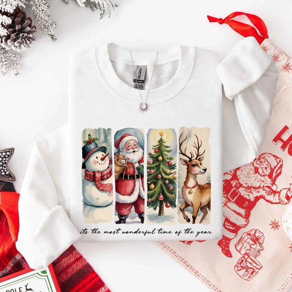 May include a cozy Christmas crewneck sweatshirt featuring a vintage-style Santa Claus graphic with festive details and classic lettering such as “It’s the Most Wonderful Time.” The design has a nostalgic holiday charm, ideal for celebrating the Christmas season in comfort and style.