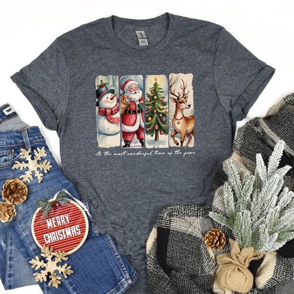 May include a cozy Christmas crewneck shirt featuring a vintage-style Santa Claus graphic with festive details and classic lettering such as “It’s the Most Wonderful Time.” The design has a nostalgic holiday charm, ideal for celebrating the Christmas season in comfort and style.