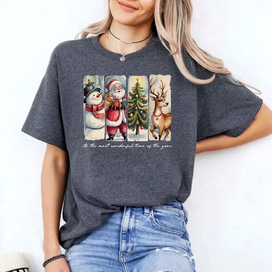 May include a cozy Christmas crewneck shirt featuring a vintage-style Santa Claus graphic with festive details and classic lettering such as “It’s the Most Wonderful Time.” The design has a nostalgic holiday charm, ideal for celebrating the Christmas season in comfort and style.