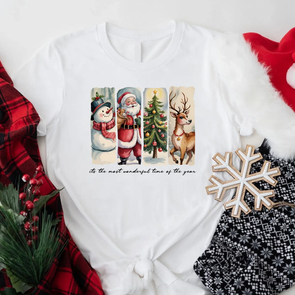 May include a cozy Christmas crewneck shirt featuring a vintage-style Santa Claus graphic with festive details and classic lettering such as “It’s the Most Wonderful Time.” The design has a nostalgic holiday charm, ideal for celebrating the Christmas season in comfort and style.